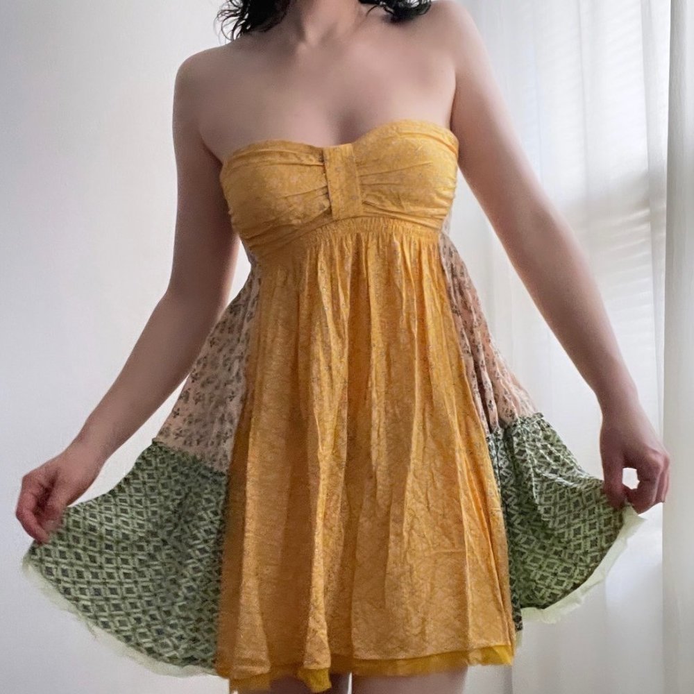 Free People Yellow and Green Strapless Dress